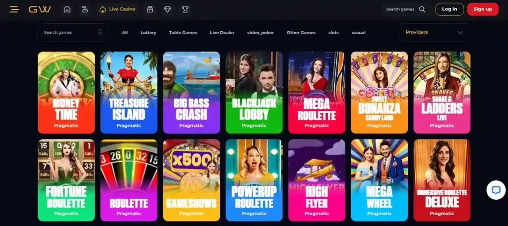 GoldWin live casino lobby with dealer-game categories