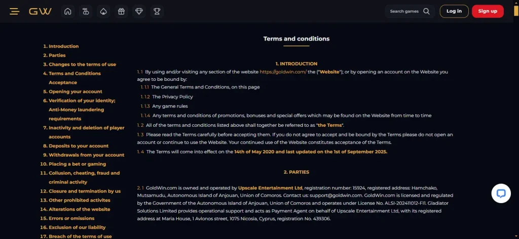 GoldWin official terms showing operator and Anjouan licence details