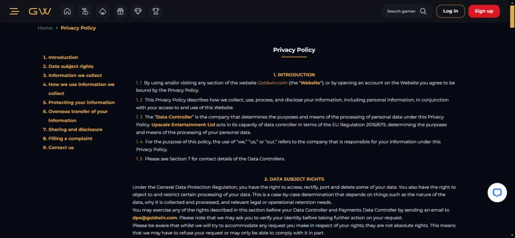 GoldWin privacy or KYC evidence page