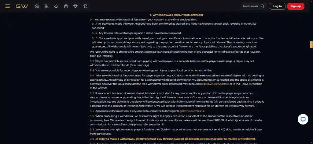 GoldWin withdrawal terms or cashier screen
